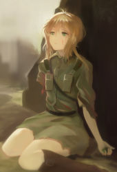 Rule 34 | 1girl, absurdres, belt, black belt, blonde hair, blood, blood on clothes, boots, brown footwear, buttons, collar, collared shirt, green eyes, green shirt, hair between eyes, highres, holding, injury, long hair, looking up, military, military uniform, outdoors, p-hearts, parted lips, pocket, shirt, single hand, sitting, solo, torn clothes, torn sleeves, uniform, violet evergarden, violet evergarden (series)