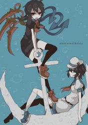 Rule 34 | 2girls, anchor, asymmetrical wings, belt, black hair, black socks, blouse, blue eyes, bow, bowtie, bubble, english text, expressionless, hat, highres, houjuu nue, kneehighs, looking at viewer, multiple girls, murasa minamitsu, neck ribbon, ngayope, open mouth, own hands together, puffy short sleeves, puffy sleeves, red eyes, ribbon, sailor, sailor collar, sailor hat, shirt, shoes, short hair, short sleeves, sitting, sitting on object, socks, thighhighs, touhou, underwater, white legwear, wings, zettai ryouiki