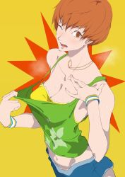 Rule 34 | 1girl, breasts, brown eyes, brown hair, camisole, cleavage, clothes pull, collarbone, floral print, highres, jewelry, kamishakujii (poppenheim), medium breasts, midriff, necklace, one eye closed, persona, persona 4, satonaka chie, shirt pull, short hair, shorts, solo, sweat, wristband