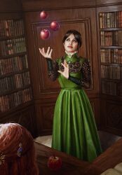 Rule 34 | 2girls, apple, black hair, bookshelf, dress, food, fruit, green dress, gwent (game), highres, juggling, leticia charbonneau, magic, multiple girls, non-web source, red hair, the witcher (series)