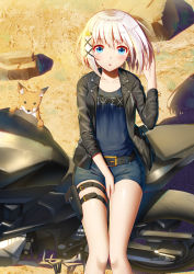 Rule 34 | 1girl, animal, belt, belt buckle, between legs, black jacket, blue eyes, blue shirt, blue shorts, blush, buckle, day, earrings, fox, hair ornament, hand between legs, hand in own hair, hand up, highres, holster, jacket, jewelry, ji dao ji, leather, leather jacket, long sleeves, looking at viewer, motor vehicle, motorcycle, open clothes, open jacket, original, outdoors, rock, shirt, short hair, short shorts, shorts, silver hair, sitting, solo, star (symbol), star hair ornament, sunlight, thigh gap, thigh holster, thigh strap, x hair ornament