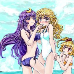 Rule 34 | 3girls, ass, bare shoulders, bikini, blonde hair, blush, casual one-piece swimsuit, crescent, crescent hair ornament, female focus, finger in another&#039;s mouth, flandre scarlet, hair ornament, kirisame marisa, long hair, multiple girls, nanashii (soregasisan), navel, no headwear, one-piece swimsuit, patchouli knowledge, purple eyes, purple hair, red eyes, side-tie bikini bottom, smile, swimsuit, touhou