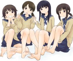 Rule 34 | 4girls, alternate costume, barefoot, between legs, black hair, blue eyes, blue ribbon, blue sailor collar, blunt bangs, brown cardigan, brown eyes, brown hair, brown sweater, cardigan, closed mouth, commentary request, expressionless, fubuki (kancolle), grin, hair ribbon, hands on own chin, hands up, hatsuyuki (kancolle), head tilt, holding hands, hugging own legs, interlocked fingers, kantai collection, kashmir, knee up, knees up, long hair, long sleeves, looking at viewer, low ponytail, low twintails, matching outfits, miyuki (kancolle), multiple girls, open cardigan, open clothes, open mouth, pleated skirt, red eyes, ribbon, sailor collar, school uniform, serafuku, shirayuki (kancolle), shirt, short ponytail, sidelocks, simple background, sitting, skirt, smile, sweater, twintails, white background, white shirt