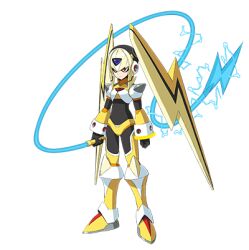 Rule 34 | 1girl, android, armor, artist request, blonde hair, bodystocking, boots, breasts, chest jewel, codpiece, electricity, energy weapon, forehead jewel, gauntlets, gloves, holding, holding weapon, holding whip, long hair, lowres, mega man (series), mega man x (series), official art, oro s, red eyes, shoulder armor, small breasts, twintails, weapon