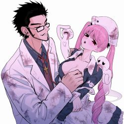 Rule 34 | 1boy, 1girl, artist request, black eyes, black hair, breasts, cleavage, crown, devil fruit, doctor, dracule mihawk, drill hair, embarrassed, expressionless, eyes visible through hair, facial hair, ghost, hetero, highres, lab coat, large breasts, long hair, looking at another, looking to the side, mustache, nurse, one breast out, one piece, open clothes, open shirt, perona, pink hair, short hair, simple background, size difference, smile, stethoscope, thighhighs, tongue, tongue out, twintails, very long hair, wide hips