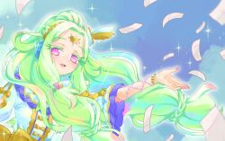 Rule 34 | 1girl, blue skirt, commentary request, floating, floating object, forehead jewel, green hair, hand up, headphones, jewlie (pripara), long hair, looking at viewer, low-tied long hair, open mouth, parted bangs, pretty series, pripara, puffy sleeves, skirt, smile, solo, sparkle, ticket, upper body, very long hair, yu (prpyuu)