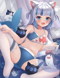 Rule 34 | 1girl, :d, absurdres, alternate costume, animal ear fluff, animal ears, bikini, bloop (gawr gura), blue bikini, blue eyes, blue hair, blue nails, blush, breasts, cat ears, collarbone, commentary, fins, fish tail, gawr gura, grey hair, hair ornament, highres, hololive, hololive english, long hair, looking at viewer, multicolored hair, nail polish, navel, nekopurin (nyanko prin), open mouth, shark girl, shark hair ornament, shark print, shark tail, sharp teeth, small breasts, smile, solo, spread legs, streaked hair, swimsuit, tail, teeth, thighhighs, toenail polish, toenails, two side up, upper teeth only, virtual youtuber, white thighhighs
