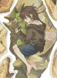 Rule 34 | 1boy, barefoot, black jacket, blue shorts, brown hair, chinese commentary, closed eyes, colored pencil, commentary request, edoupaoxiao, highres, hood, hood down, hooded jacket, isoi haruki, jacket, long sleeves, lying, male focus, off shoulder, on side, pencil, saibou shinkyoku, shirt, short hair, shorts, sleeping, sleeves past wrists, solo, stuffed animal, stuffed toy, white shirt