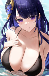 Rule 34 | 1girl, alternate costume, bare shoulders, bikini, black bikini, breast suppress, breasts, cleavage, closed mouth, flower, genshin impact, hair flower, hair ornament, halterneck, hand on own chest, hand up, highres, large breasts, long hair, looking at viewer, mole, mole under eye, paid reward available, purple eyes, purple flower, purple hair, raiden shogun, sidelocks, strap gap, string bikini, swept bangs, swimsuit, tomas (kaosu22), upper body, wet