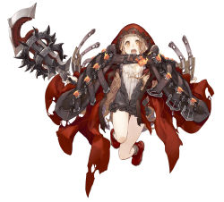 Rule 34 | 1girl, :o, belt, brown hair, cloak, frills, full body, holding, holding weapon, hood, jino, red riding hood (sinoalice), looking at viewer, official art, open mouth, orange eyes, sinoalice, solo, weapon, white background