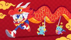Rule 34 | &gt; &lt;, 1boy, antennae, blue skin, chao (sonic), chinese new year, claws, colored skin, commentary request, dragon, dragon dance, dragon wings, eastern dragon, full body, furry, furry male, gloves, highres, horns, looking at viewer, official art, red background, sonic (series), sonic the hedgehog, uno yuuji, white gloves, wings