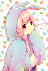 Rule 34 | 1girl, animal costume, animal ears, bad id, bad nicoseiga id, blonde hair, breasts, burger, covering own mouth, earrings, english text, food, hand to own mouth, hood, itou nanami, jewelry, long hair, long sleeves, looking at viewer, musical note, necklace, original, rabbit, rabbit costume, rabbit ears, red eyes, solo