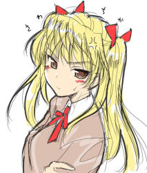 Rule 34 | 00s, 1girl, akata itsuki, angry, blonde hair, blush, bow, brown eyes, closed mouth, expressionless, female focus, hair bow, hair ribbon, looking at viewer, puffy short sleeves, puffy sleeves, red ribbon, ribbon, sawachika eri, school rumble, school uniform, serafuku, short sleeves, sidelocks, simple background, sketch, solo, sweatdrop, twintails, upper body, white background