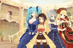 Rule 34 | 4girls, ;), ahoge, bad id, bad pixiv id, belt, blonde hair, blue dress, blue eyes, blue hair, blush, bow, bowtie, buckle, cinia pacifica, collarbone, cowboy shot, cross-laced clothes, detached collar, dress, elbow gloves, eyepatch, gloves, hand fan, indoors, iri flina, long hair, looking at viewer, luthica preventer, multiple girls, one eye closed, pillar, pink eyes, plant, potted plant, purple bow, purple bowtie, red eyes, short hair, short hair with long locks, shorts, shovelwall, shovelwell, silver hair, sita vilosa, smile, stairs, standing, sword girls, thighhighs, twintails, yellow eyes, zettai ryouiki