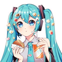 Rule 34 | 1girl, 39, absurdres, apple, aqua eyes, aqua hair, aqua nails, aqua necktie, bare shoulders, black sleeves, boned meat, bread, burger, candy, cup, detached sleeves, disposable cup, doughnut, drinking straw, eating, egg, food, french fries, fruit, grey shirt, hair ornament, hatsune miku, headphones, headset, highres, holding, holding cup, holding food, long hair, looking at viewer, masumofu, meat, melon bread, nail polish, necktie, onigiri, pudding, shirt, sleeveless, sleeveless shirt, solo, star (symbol), sticker, sushi, tie clip, twintails, upper body, very long hair, vocaloid, white background
