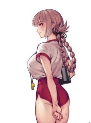 Rule 34 | 1girl, ass, back, blush, braid, braided ponytail, breasts, buruma, fate/grand order, fate (series), florence nightingale (fate), folded ponytail, highres, large breasts, long hair, looking at viewer, looking back, mitsurugi sugar, pink hair, red buruma, red eyes, shirt, short sleeves, solo, whistle, white shirt