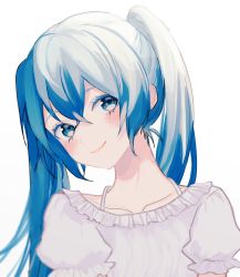 Rule 34 | 1girl, blue eyes, blue hair, blush, closed mouth, hair between eyes, hatsune miku, head tilt, highres, looking at viewer, p2 (uxjzz), puffy short sleeves, puffy sleeves, short sleeves, simple background, smile, solo, twintails, upper body, vocaloid, white background