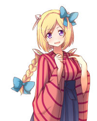 Rule 34 | 1girl, aki rosenthal, alternate costume, alternate hairstyle, blonde hair, bob cut, bow, braid, detached hair, hair bow, hair ornament, hololive, japanese clothes, long braid, long hair, long sleeves, looking at viewer, mono (mono60), open mouth, parted bangs, purple eyes, solo, tagme, upper body, virtual youtuber, white background, wide sleeves