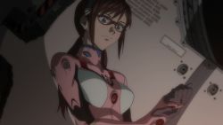 Rule 34 | 00s, 1girl, animated, animated gif, bodysuit, bouncing breasts, breasts, brown hair, english text, evangelion: 2.0 you can (not) advance, glasses, makinami mari illustrious, medium breasts, neon genesis evangelion, non-web source, plugsuit, rebuild of evangelion, screencap, solo