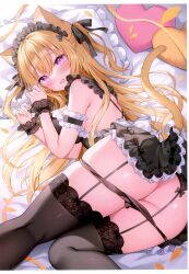 Rule 34 | 1girl, absurdres, animal ears, ass, black dress, black garter straps, black panties, black ribbon, black thighhighs, blonde hair, cat ears, cat girl, cat tail, dress, frilled dress, frilled thighhighs, frills, garter straps, hair between eyes, hair ribbon, highres, indoors, long hair, looking at viewer, lying, maid, maid headdress, on bed, on side, open mouth, original, panties, panty pull, pillow, purple eyes, ribbon, scan, shiono (0303), smile, tail, thighhighs, two side up, underwear