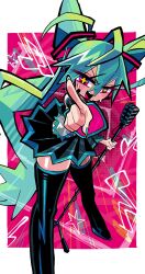 Rule 34 | 1girl, absurdres, alternate hairstyle, black footwear, blue nails, blush, boots, commentary, cross-shaped pupils, detached sleeves, eyelashes, fingernails, foot out of frame, gashi-gashi, green hair, grey shirt, hair between eyes, hatsune miku, headset, highres, holding, holding microphone stand, long hair, microphone, microphone stand, miniskirt, open mouth, pleated skirt, sharp fingernails, shirt, skirt, sweatdrop, symbol-only commentary, symbol-shaped pupils, teeth, thigh boots, thighhighs, upper teeth only, very long hair, vocaloid, zettai ryouiki