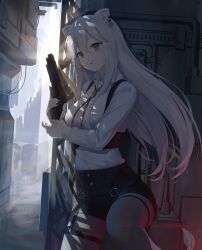 Rule 34 | absurdres, animal ears, black pantyhose, black shorts, breasts, chest harness, commentary request, cowboy shot, dress shirt, ear piercing, grey eyes, grey hair, gun, hair between eyes, hair flaps, harness, highres, holding, holding gun, holding weapon, hololive, large breasts, lion ears, lion girl, lion tail, long hair, official alternate costume, official alternate hair length, official alternate hairstyle, pantyhose, piercing, shirt, shishiro botan, shishiro botan (button-down), shorts, straight hair, t-shirt, tail, traveler (artbbt), underbust, v-shaped eyebrows, very long hair, virtual youtuber, weapon, white shirt