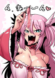 Rule 34 | 1girl, bare shoulders, blue eyes, blush, breasts, center opening, chopsticks, cleavage, detached sleeves, dress, eating, fairys (vtuber), fangs, feather hair ornament, feathers, hair ornament, half-closed eyes, hand up, holding, holding chopsticks, imminent bite, indie virtual youtuber, large breasts, long hair, looking at viewer, open mouth, pink hair, raised eyebrows, red sleeves, simple background, sliced meat, smile, solo, strapless, strapless dress, tongue, tongue out, tukiwani, two side up, upper body, virtual youtuber, white background, white dress, wide sleeves