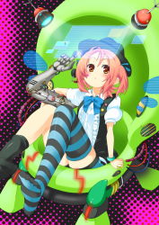 Rule 34 | 1girl, badge, brown eyes, brown hair, button badge, fedora, hat, holographic interface, holographic monitor, mechanical arms, mitsuki meia, short hair, single mechanical arm, single thighhigh, solo, striped clothes, striped thighhighs, thighhighs