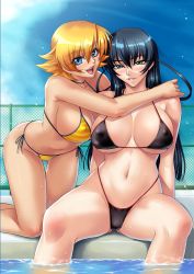 Rule 34 | 00s, 2girls, :d, armpits, arms behind back, asymmetrical docking, bikini, black bikini, black hair, blonde hair, blue eyes, blue hair, blue sky, blush, breast press, breasts, breasts apart, chain-link fence, choker, cleavage, cloud, covered erect nipples, day, eyebrows, fence, flipped hair, green eyes, grin, groin, hand on another&#039;s shoulder, happy, highleg, highleg bikini, highleg swimsuit, highres, hip focus, hug, igawa asagi, igawa sakura, kagami hirotaka, kneeling, large breasts, leaning forward, legs together, lipstick, long hair, looking at viewer, makeup, multiple girls, navel, open mouth, orange bikini, orange hair, outdoors, outstretched arm, parted lips, pink lips, pool, poolside, short hair, siblings, side-tie bikini bottom, sideboob, sisters, sitting, skindentation, sky, smile, soaking feet, spread legs, string bikini, striped bikini, striped clothes, swimsuit, taimanin (series), taimanin asagi, thigh gap, thighs, two side up, underboob, water, wet