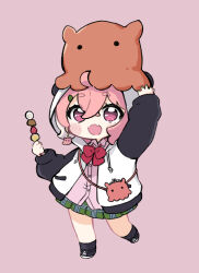 Rule 34 | 1girl, :d, animal ears, animal hood, arm up, black footwear, black socks, blush stickers, collared shirt, commentary request, dress shirt, earrings, fake animal ears, fang, food, full body, green nails, green skirt, hair between eyes, highres, holding, holding food, hood, hood up, hooded jacket, jacket, jewelry, long sleeves, multicolored hair, nail polish, nijisanji, nozo (hitomiz), on head, open mouth, panda ears, panda hood, pink background, pink hair, pink shirt, plaid, plaid skirt, pleated skirt, puffy long sleeves, puffy sleeves, purple eyes, sasaki saku, sasaki saku (1st costume), shirt, shoes, short eyebrows, simple background, skirt, sleeves past wrists, smile, socks, solo, standing, standing on one leg, streaked hair, thick eyebrows, virtual youtuber, white hair, white jacket