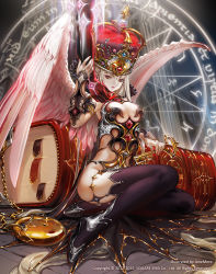 Rule 34 | 1girl, angel wings, armor, armored boots, asymmetrical wings, black thighhighs, book, boots, bracer, breasts, cape, cleavage, copyright name, crown, dragon wings, guardian cross, jane mere, key, lipstick, looking at viewer, magic circle, makeup, mini person, minigirl, official art, original, pale skin, pointy ears, red eyes, silver hair, sitting, solo, thighhighs, white wings, wings
