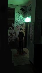 Rule 34 | 1boy, arms at sides, black hair, black shirt, commentary request, dark, glowing, graffiti, highres, indoors, looking at viewer, male focus, original, shirt, short hair, short sleeves, solo, teru2307, wide shot