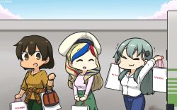 Rule 34 | &gt; &lt;, 3girls, alternate costume, aqua hair, bag, beret, blue hair, blush, breasts, brown hair, brown sweater, closed mouth, commandant teste (kancolle), denim, closed eyes, french flag, green pants, green skirt, hair between eyes, hair ornament, hairclip, hamu koutarou, hat, highres, hiryuu (kancolle), jeans, kantai collection, large breasts, long skirt, long sleeves, looking at another, mitsukoshi (department store), multicolored hair, multiple girls, one-hour drawing challenge, open mouth, pants, red hair, remodel (kantai collection), shirt, shopping bag, short hair, skirt, smile, streaked hair, suzuya (kancolle), sweater, wall, white hair, white shirt