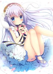 Rule 34 | 1girl, animal ears, ankle lace-up, bare arms, bare legs, bare shoulders, blue eyes, blue footwear, blue hair, blush, closed mouth, commentary request, convenient leg, cross-laced footwear, dress, frilled dress, frills, gochuumon wa usagi desu ka?, hair between eyes, hair ornament, hairclip, headdress, holding, holding stuffed toy, kafuu chino, knees together feet apart, long hair, looking at viewer, petals, rabbit ears, shibainu niki, shoes, sitting, solo, stuffed animal, stuffed rabbit, stuffed toy, white background, white dress, x hair ornament
