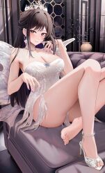 Rule 34 | 1girl, bare arms, bare shoulders, barefoot, black hair, breasts, chinese commentary, choker, cleavage, closed mouth, commission, couch, crown, dress, earrings, feet, fingernails, haneame, high heels, highres, indoors, jewelry, knees up, large breasts, legs, light smile, long hair, looking at viewer, nail polish, purple nails, real life, ru zhai, shoes, single shoe, sitting, solo, strapless, strapless dress, strappy heels, thighs, toenails, toes, very long hair, white dress, white footwear