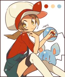 Rule 34 | 1girl, auko, border, bow, brown hair, cabbie hat, closed mouth, color guide, creatures (company), from side, game freak, gen 2 pokemon, hat, hat bow, holding, holding poke ball, looking at viewer, lyra (pokemon), marill, nintendo, over-kneehighs, overalls, poke ball, poke ball (basic), pokemon, pokemon (creature), pokemon hgss, red bow, red shirt, shirt, signature, simple background, smile, suspenders, thighhighs, twintails, white background, white hat, white thighhighs, yellow eyes