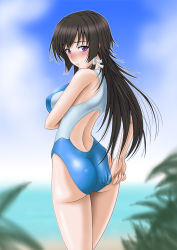 Rule 34 | 1girl, adjusting clothes, adjusting swimsuit, ass, back, beach, black hair, blue one-piece swimsuit, blush, breast hold, breasts, brown hair, cloud, competition swimsuit, day, embarrassed, from behind, frown, hair ribbon, large breasts, leaf, long hair, looking at viewer, looking back, misnon the great, muv-luv, muv-luv alternative, muv-luv total eclipse, nose blush, ocean, one-piece swimsuit, outdoors, purple eyes, raised eyebrows, ribbon, sky, solo, swimsuit, takamura yui, tress ribbon, very long hair, white one-piece swimsuit