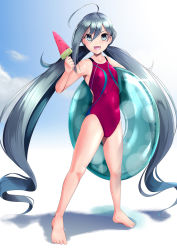 Rule 34 | 1girl, ahoge, barefoot, commentary request, competition swimsuit, flat chest, food, full body, grey eyes, grey hair, hair between eyes, hassen (8cm), innertube, kantai collection, kiyoshimo (kancolle), long hair, looking at viewer, low twintails, one-piece swimsuit, open mouth, popsicle, purple one-piece swimsuit, smile, solo, standing, swim ring, swimsuit, twintails, very long hair, watermelon bar