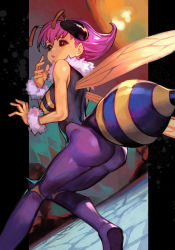 Rule 34 | 1girl, antennae, arthropod girl, bee girl, bodysuit, breasts, capcom, compound eyes, from behind, fur collar, fur cuffs, hungry clicker, insect girl, insect wings, knee spikes, light purple hair, looking at viewer, q-bee, short hair, sleeveless, sleeveless bodysuit, solo, spikes, stinger, vampire (game), wings