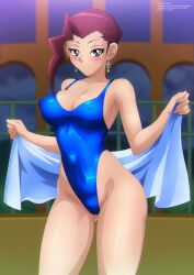 Rule 34 | 1girl, absurdres, ayukawa emi, black eyes, blue one-piece swimsuit, blush, breasts, brown hair, building, cleavage, collarbone, covered erect nipples, curvy, earrings, highleg, highleg swimsuit, highres, holding, jewelry, large breasts, looking at viewer, one-piece swimsuit, open towel, shiny skin, short hair, smile, standing, swimsuit, towel, wide hips, window, yu-gi-oh!, yu-gi-oh! gx, zel-sama
