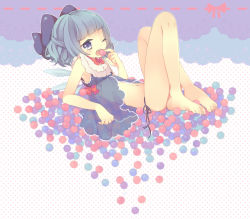 Rule 34 | 1girl, babydoll, bad id, bad pixiv id, bare legs, barefoot, blue eyes, blue hair, bow, candy, capelet, cirno, eating, feet, flat chest, food, hair bow, legs, lingerie, lying, maki (natoriumu), matching hair/eyes, negligee, on back, one eye closed, panties, see-through, short hair, side-tie panties, solo, touhou, underwear, underwear only, wings, wink