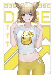 Rule 34 | 1girl, absurdres, animal ears, arrow (symbol), blue eyes, breasts, coin, cowboy shot, daeho cha, dog ears, doge, dogecoin, female focus, grin, hands up, highres, light brown hair, looking at viewer, navel, orange pants, original, pants, shirt, short hair, short sleeves, small breasts, smile, solo, stomach, teeth, white background, white shirt