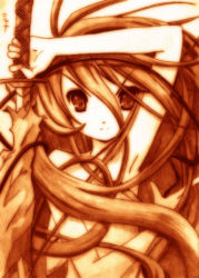 Rule 34 | 1girl, absurdres, bad id, bad pixiv id, female focus, godees, gradient background, highres, long hair, monochrome, nude, shakugan no shana, shana, solo, sword, traditional media, very long hair, weapon, white background