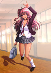 Rule 34 | 1girl, :d, arm up, bag, black footwear, blazer, blush, bobby socks, breasts, cleavage, collar, full body, gyaru, hair between eyes, hair ribbon, highres, jacket, kogal, large breasts, loafers, long hair, long sleeves, looking at viewer, miniskirt, \\n/, necktie, open clothes, open jacket, open mouth, original, pink eyes, plaid, plaid skirt, pleated skirt, purple hair, red necktie, red ribbon, ribbon, school uniform, shadow, shirt, shoes, side ponytail, skirt, smile, socks, solo, standing, taka (hiroa), white shirt, white socks