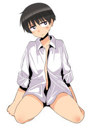 Rule 34 | 1girl, absurdres, black hair, female focus, haida katsuretsu, head tilt, highres, looking at viewer, mob face, naked shirt, open clothes, open shirt, original, parted lips, reverse trap, shirt, short hair, simple background, sitting, solo, wariza, white background