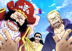 Rule 34 | 4boys, baby, beard, blonde hair, cloud, cloudy sky, collarbone, commentary request, day, epaulettes, facial hair, glasses, gol d. roger, hat, long hair, looking at another, low ponytail, male focus, medium hair, multiple boys, musasabiop, mustache, one piece, open mouth, outdoors, pirate hat, ponytail, round eyewear, scar, scar across eye, scar on face, scopper gaban, shanks (one piece), short hair, silvers rayleigh, sky, sunglasses, teeth