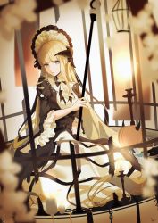 Rule 34 | 1girl, absurdres, arknights, birdcage, black dress, blonde hair, blue eyes, blunt bangs, bonnet, breasts, cage, candle, closed mouth, creature, dress, full body, highres, holding, holding staff, horns, kawausoman, layered dress, long hair, long sleeves, looking at viewer, medium breasts, nightingale (an elegy) (arknights), nightingale (arknights), official alternate costume, pointy ears, sitting, solo, staff, two-tone dress, very long hair, white dress, wide sleeves