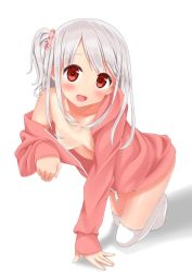 Rule 34 | 1girl, all fours, blush, breasts, collarbone, hair ornament, hair scrunchie, hood, hoodie, karutamo, kneehighs, long hair, looking at viewer, loose clothes, no bra, open clothes, open hoodie, open mouth, original, red eyes, scrunchie, shadow, side ponytail, silver hair, simple background, sleeves past wrists, small breasts, smile, socks, solo, tisshu (karutamo), white socks