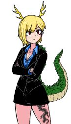Rule 34 | 1girl, alternate costume, black skirt, black suit, blouse, blue shirt, breasts, business suit, cleavage, collared shirt, dragon horns, dragon tail, earclip, formal, formicid, horns, jacket, jaggy lines, kicchou yachie, leg tattoo, shirt, simple background, skirt, solo, suit, suit jacket, tail, tattoo, touhou, turtle shell, white background, yakuza