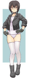 Rule 34 | 1girl, black-framed eyewear, black choker, black eyes, black footwear, black gloves, black hair, black jacket, blue background, boots, choker, closed mouth, commentary, cosplay, covered navel, frown, full body, ghost in the shell, girls und panzer, gloves, hands on own hips, jacket, kawashima momo, kusanagi motoko, kusanagi motoko (cosplay), leather, leather jacket, long sleeves, looking at viewer, monocle, one-piece swimsuit, open clothes, open jacket, outside border, school swimsuit, semi-rimless eyewear, short hair, skindentation, solo, standing, swimsuit, thighhighs, under-rim eyewear, uona telepin, white one-piece swimsuit, white school swimsuit, white thighhighs, zipper